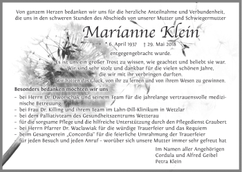 Traueranzeige von Marianne Klein von Wetterauer Zeitung, Wetterauer Zeitung