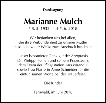 Traueranzeige von Marianne Mulch von Giessener Allgemeine, Alsfelder Allgemeine