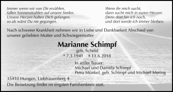 Traueranzeige von Marianne Schimpf von Giessener Allgemeine, Alsfelder Allgemeine, Wetterauer Zeitung, Wetterauer Zeitung