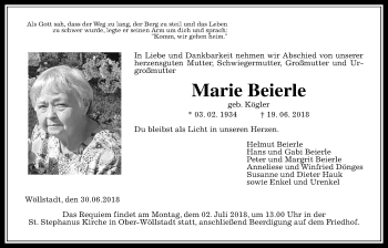 Traueranzeige von Marie Beierle von Wetterauer Zeitung, Wetterauer Zeitung
