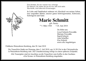 Traueranzeige von Marie Schmitt von Giessener Allgemeine, Alsfelder Allgemeine