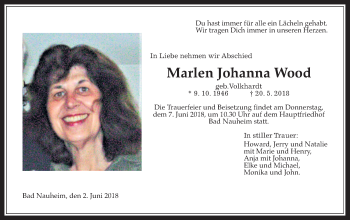 Traueranzeige von Marlen Johanna Wood von Wetterauer Zeitung, Wetterauer Zeitung