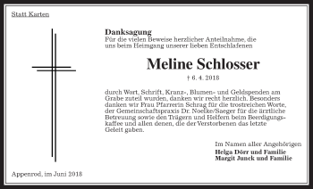 Traueranzeige von Meline Schlosser von Giessener Allgemeine, Alsfelder Allgemeine