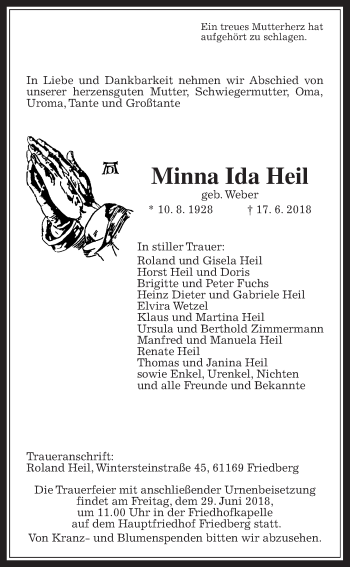 Traueranzeige von Minna Ida Heil von Wetterauer Zeitung, Wetterauer Zeitung