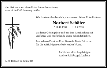 Traueranzeige von Norbert Schäfer von Licher Wochenblatt, Licher Wochenblatt, Licher Wochenblatt