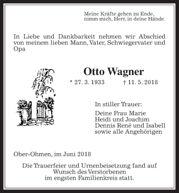 Traueranzeige von Otto Wagner von Mücker Stimme