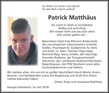 Traueranzeige von Patrick Matthäus von Licher Wochenblatt, Licher Wochenblatt, Licher Wochenblatt