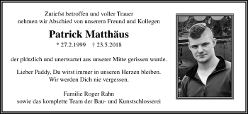 Traueranzeige von Patrick Matthäus von Licher Wochenblatt, Licher Wochenblatt, Licher Wochenblatt