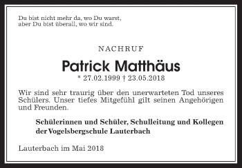 Traueranzeige von Patrick Matthäus von Giessener Allgemeine, Alsfelder Allgemeine, Wetterauer Zeitung, Wetterauer Zeitung