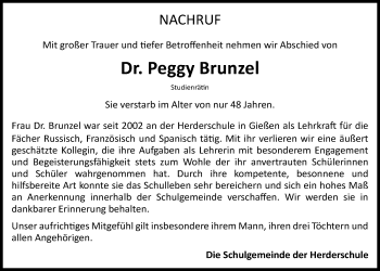 Traueranzeige von Peggy Brunzel von Giessener Allgemeine, Alsfelder Allgemeine