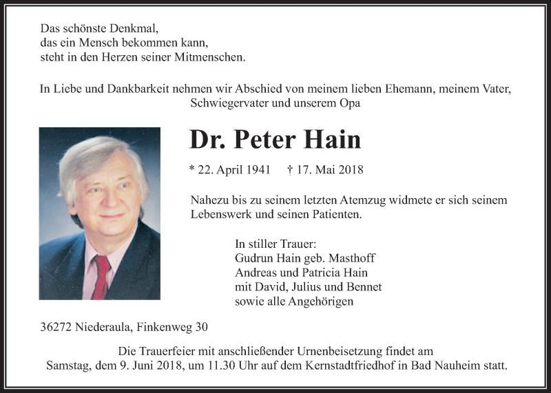  Traueranzeige für Peter Hain vom 02.06.2018 aus Wetterauer Zeitung, Wetterauer Zeitung