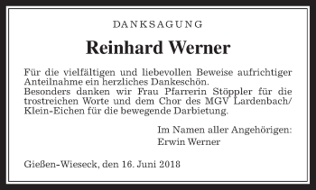 Traueranzeige von Reinhard Werner von Giessener Allgemeine, Alsfelder Allgemeine