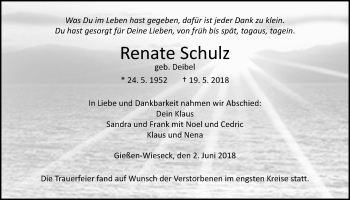 Traueranzeige von Renate Schulz von Giessener Allgemeine, Alsfelder Allgemeine