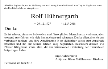 Traueranzeige von Rolf Hühnergarth von Giessener Allgemeine, Alsfelder Allgemeine