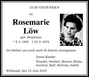 Traueranzeige von Rosemarie Löw von Wetterauer Zeitung, Wetterauer Zeitung