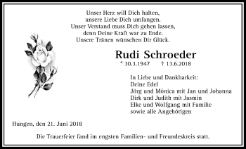 Traueranzeige von Rudi Schroeder von Licher Wochenblatt, Licher Wochenblatt, Licher Wochenblatt