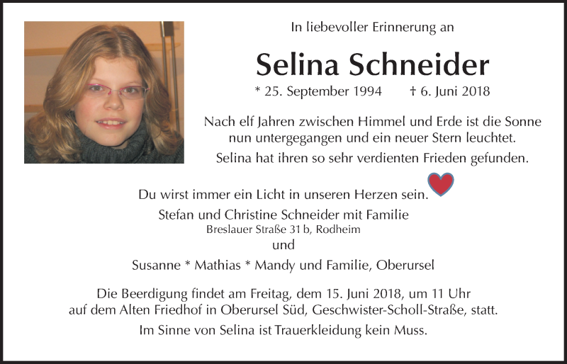  Traueranzeige für Selina Schneider vom 09.06.2018 aus Wetterauer Zeitung, Wetterauer Zeitung