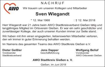 Traueranzeige von Sven Wiegandt von Giessener Allgemeine, Alsfelder Allgemeine