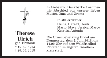 Traueranzeige von Therese Ulrich von Wetterauer Zeitung, Wetterauer Zeitung