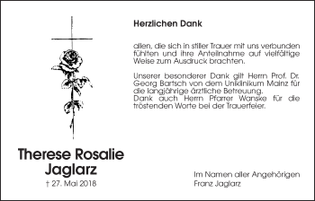 Traueranzeige von Therese Rosalie Jaglarz von Wetterauer Zeitung, Wetterauer Zeitung