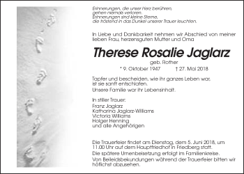 Traueranzeige von Therese Rosalie Jaglarz von Wetterauer Zeitung, Wetterauer Zeitung