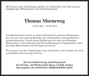 Traueranzeige von Thomas Morneweg von Giessener Allgemeine, Alsfelder Allgemeine