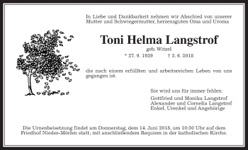 Traueranzeige von Toni Helma Langstrof von Wetterauer Zeitung, Wetterauer Zeitung