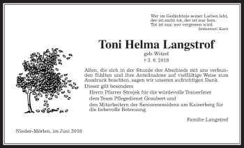 Traueranzeige von Toni Helma Langstrof von Wetterauer Zeitung, Wetterauer Zeitung