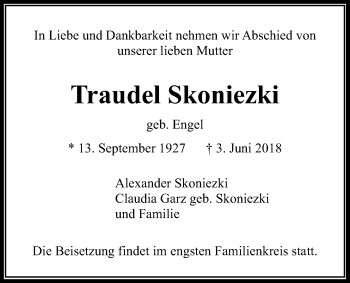 Traueranzeige von Traudel Skoniezki von Wetterauer Zeitung, Wetterauer Zeitung