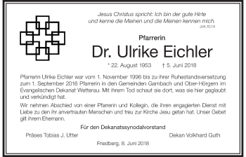 Traueranzeige von Ulrike Eichler von Wetterauer Zeitung, Wetterauer Zeitung