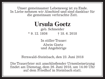 Traueranzeige von Ursula Goetz von Giessener Allgemeine, Alsfelder Allgemeine
