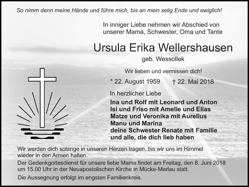  Traueranzeige für Ursula Erika Wellershausen vom 07.06.2018 aus Mücker Stimme