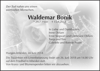 Traueranzeige von Waldemar Bonik von Licher Wochenblatt, Licher Wochenblatt, Licher Wochenblatt