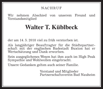 Traueranzeige von Walter  Küblbeck von Wetterauer Zeitung, Wetterauer Zeitung