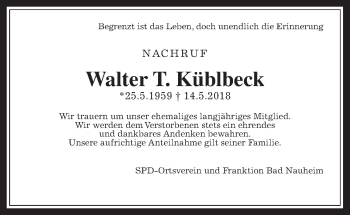 Traueranzeige von Walter  Küblbeck von Wetterauer Zeitung, Wetterauer Zeitung