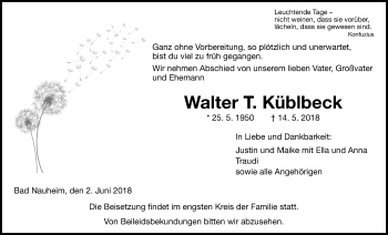 Traueranzeige von Walter  Küblbeck von Wetterauer Zeitung, Wetterauer Zeitung