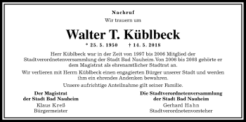 Traueranzeige von Walter  Küblbeck von Wetterauer Zeitung, Wetterauer Zeitung