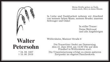 Traueranzeige von Walter Petersohn von Wetterauer Zeitung, Wetterauer Zeitung