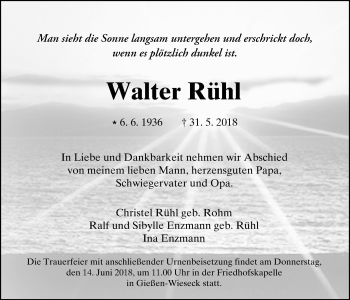 Traueranzeige von Walter Rühl von Giessener Allgemeine, Alsfelder Allgemeine