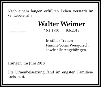 Traueranzeige von Walter Weimer von Licher Wochenblatt, Licher Wochenblatt, Licher Wochenblatt