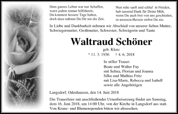 Traueranzeige von Waltraud Schöner von Licher Wochenblatt, Licher Wochenblatt, Licher Wochenblatt