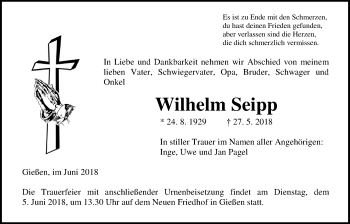 Traueranzeige von Wilhelm Seipp von Giessener Allgemeine, Alsfelder Allgemeine