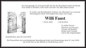 Traueranzeige von Willi Faust von Alsfelder Allgemeine