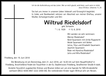 Traueranzeige von Wiltrud Riedelsdorf von Wetterauer Zeitung, Wetterauer Zeitung