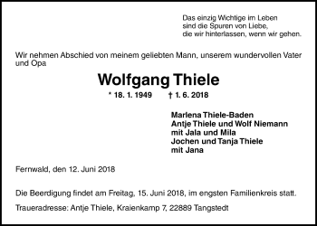 Traueranzeige von Wolfgang Thiele von Giessener Allgemeine, Alsfelder Allgemeine