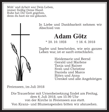 Traueranzeige von Adam Götz von Giessener Allgemeine, Alsfelder Allgemeine