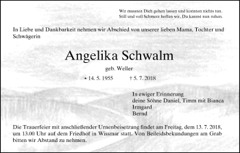 Traueranzeige von Angelika Schwalm von Giessener Allgemeine, Alsfelder Allgemeine