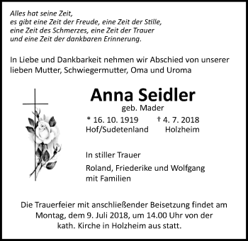 Traueranzeige von Anna Seidler von Giessener Allgemeine, Alsfelder Allgemeine