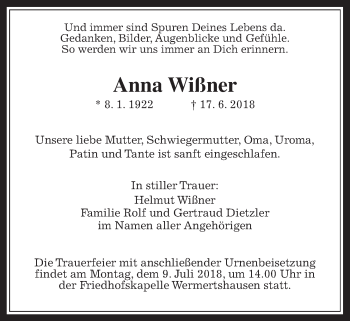 Traueranzeige von Anna Wißner von Rabenauer Zeitung