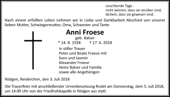 Traueranzeige von Anni Froese von Giessener Allgemeine, Alsfelder Allgemeine